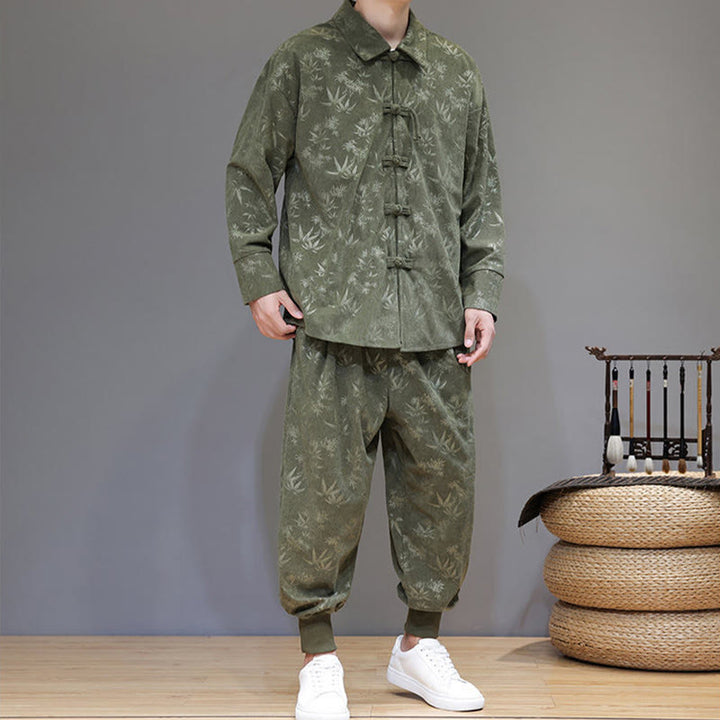 Buddha Stones 2点セット 冬用 厚手 竹 メンズ 唐装 カエルボタン コットン コーデュロイ 長袖 ジャケット パンツ セット ポケット付き - image 5