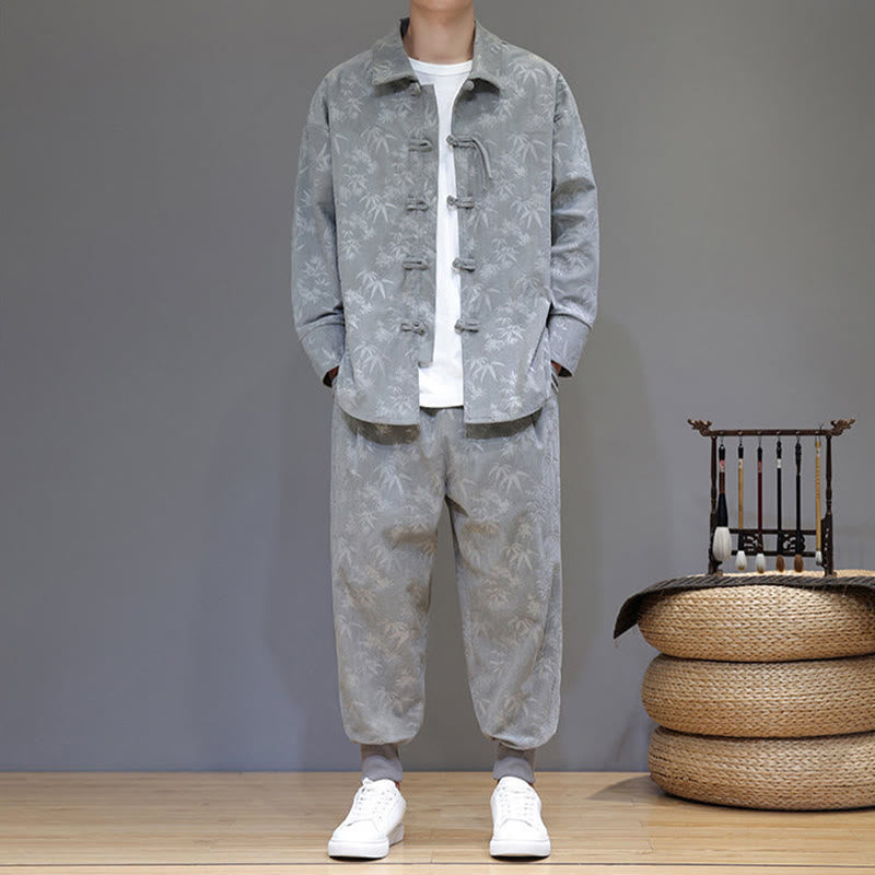 Buddha Stones 2点セット 冬用 厚手 竹 メンズ 唐装 カエルボタン コットン コーデュロイ 長袖 ジャケット パンツ セット ポケット付き - image 9