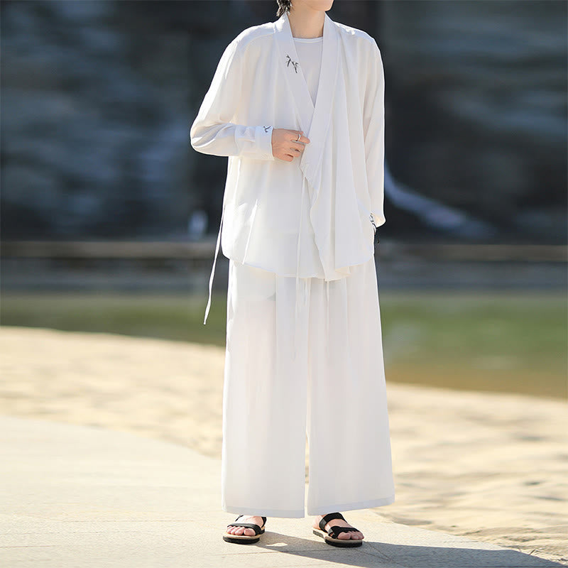 Buddha Stones 2点セット 秋 編み上げ 竹刺繍 コットン 着物 アンクル丈パンツ ポケット付き メンズ 瞑想用 布セット - 白 - US/UK/AU46、 EU56 (5XL) - image 7