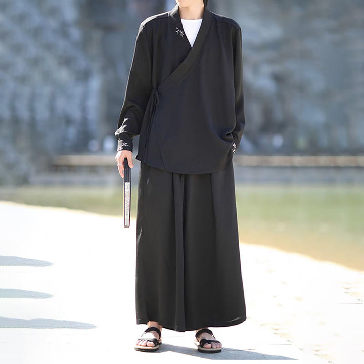 Buddha Stones 2点セット 秋 編み上げ 竹刺繍 コットン 着物 アンクル丈パンツ ポケット付き メンズ 瞑想用 布セット - image 2