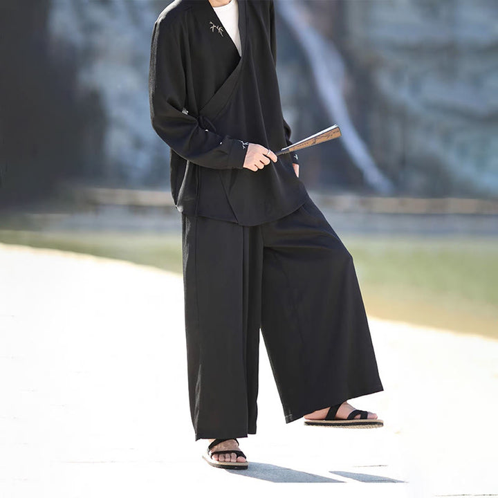 Buddha Stones 2点セット 秋 編み上げ 竹刺繍 コットン 着物 アンクル丈パンツ ポケット付き メンズ 瞑想用 布セット - image 3