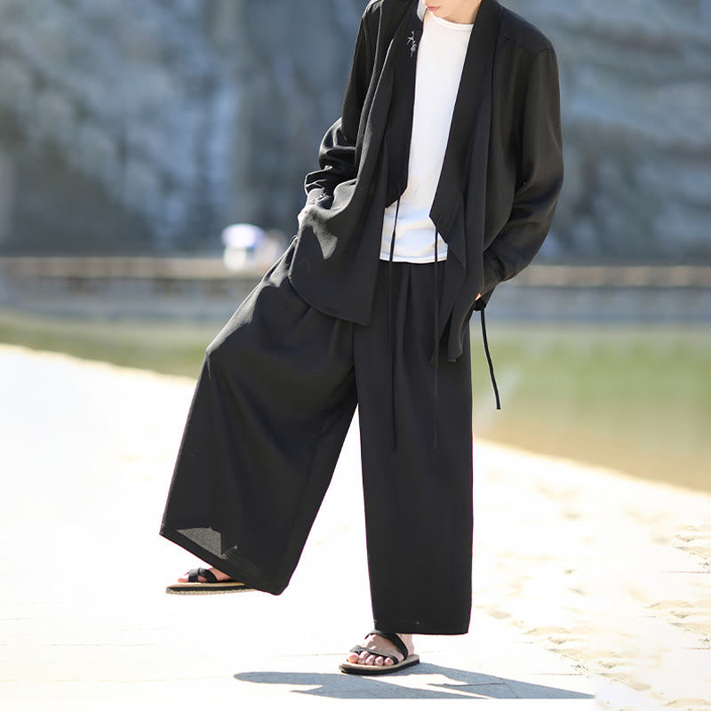 Buddha Stones 2点セット 秋 編み上げ 竹刺繍 コットン 着物 アンクル丈パンツ ポケット付き メンズ 瞑想用 布セット - image 4