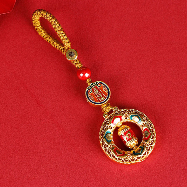 Buddha Stones銅製祈祷ホイール五方向 富の神 バランス 回転式キーチェーン - 五方位の福神 - ボタンロープ - image 0