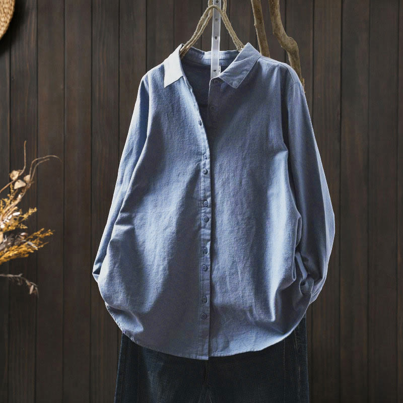 Buddha Stones秋冬 無地 ボタンダウン スタンドカラー 長袖 レディース コットンシャツ - ライトスカイブルー - US6、 UK/AU10、 EU38 (L) - image 26