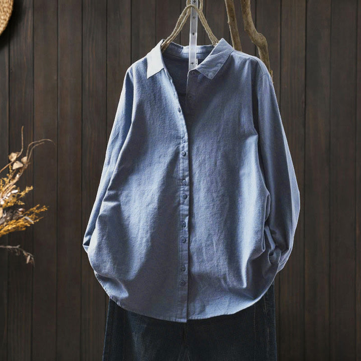 Buddha Stones秋冬 無地 ボタンダウン スタンドカラー 長袖 レディース コットンシャツ - ライトスカイブルー - US6、 UK/AU10、 EU38 (L) - image 26