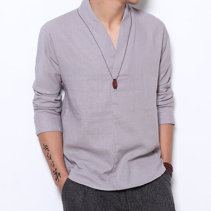 Buddha Stonesカジュアル Vネック 長袖シャツ リネン メンズ 服 - ゲインズボロ - US/UK/AU44、EU54 (5XL) - image 0