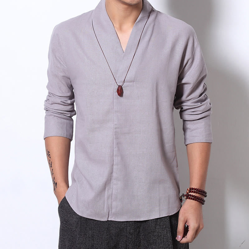 Buddha StonesカジュアルVネック長袖シャツ メンズ服 - image 1