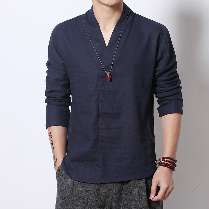 Buddha StonesカジュアルVネック長袖シャツ メンズ服 - スチールブルー - US/UK/AU44、EU54（5XL） - image 6