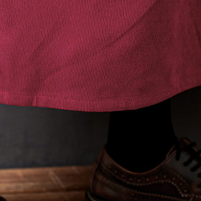 Buddha Stones秋ボタンデザイン 長袖 コットンコーデュロイ ミディドレス ポケット付き - image 20