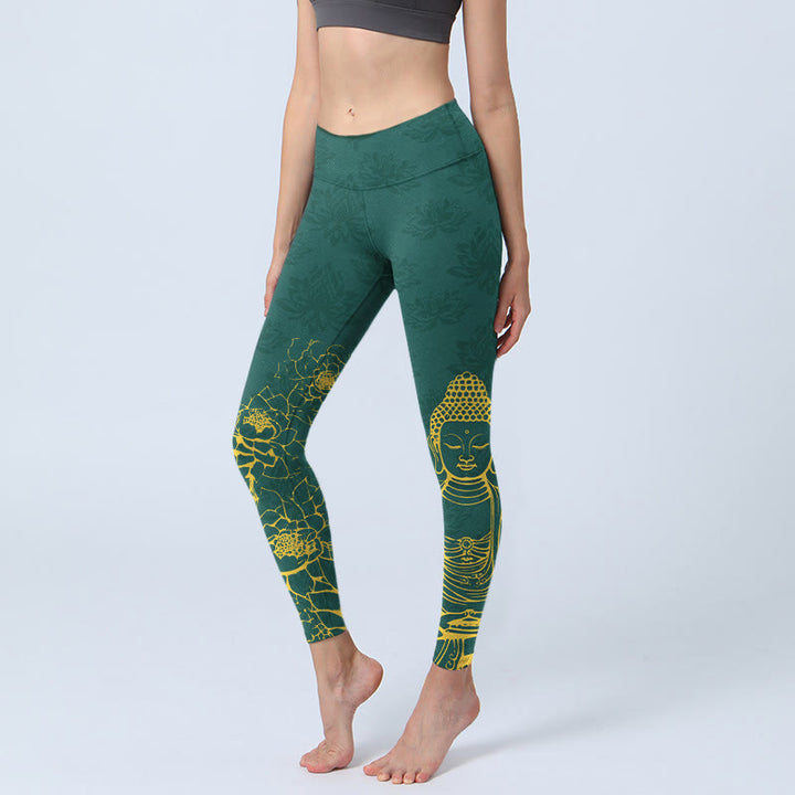 Buddha Stones蓮仏 イメージ柄 プリント ジムレギンス レディース ヨガパンツ - ダークグリーン - US18、 UK/AU22、 EU50 (4XL) - image 0
