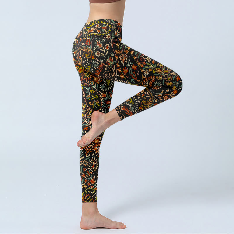 Buddha Stonesの精巧な花葉模様プリントのジムレギンス レディース ヨガパンツ - image 3