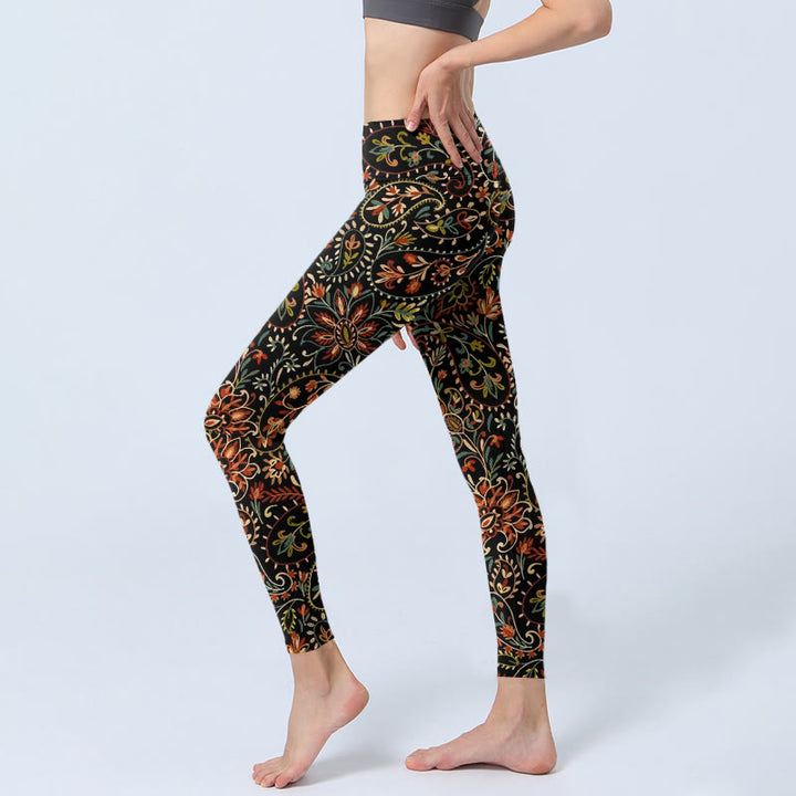 Buddha Stonesの精巧な花葉模様プリントのジムレギンス レディース ヨガパンツ - image 2