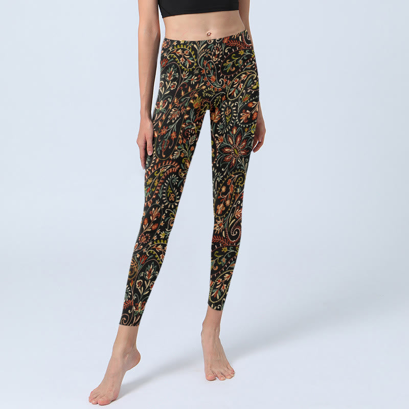 Buddha Stonesの精巧な花葉模様プリントのジムレギンス レディース ヨガパンツ - image 5