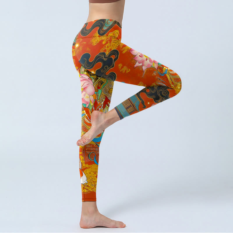 Buddha Stones、鯉、蓮、雲柄プリントのジムレギンス、レディースヨガパンツ - image 3