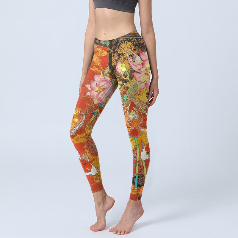 Buddha Stones、鯉、蓮、雲柄プリントのジムレギンス、レディースヨガパンツ - トマト - US18、 UK/AU22、 EU50 (4XL) - image 0