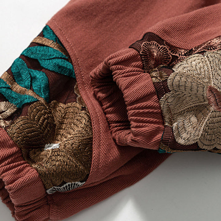 Buddha Stones春 メンズ 刺繍 花柄 パッチワーク コットンパンツ ポケット付き - image 11