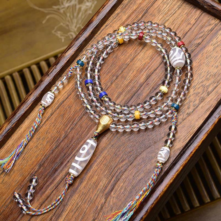 Buddha Stones108 ビーズ Liuli クリスタル Dzi ビーズ瑪瑙祝福タッセルマーラー数珠 - 白いDziビーズ - 6mm - image 13