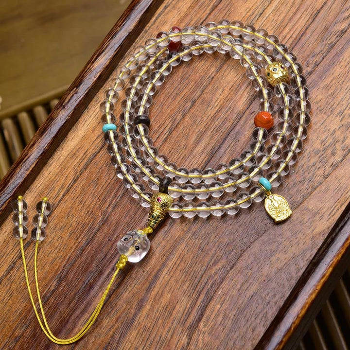 Buddha Stones108 ビーズ Liuli クリスタル Dzi ビーズ瑪瑙祝福タッセルマーラー数珠 - イエローロープ銅チャーム - 6mm - image 15