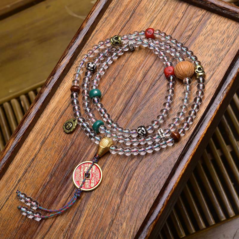 Buddha Stones108 ビーズ Liuli クリスタル Dzi ビーズ瑪瑙祝福タッセルマーラー数珠 - 山の幽霊はお金を使う - 6mm - image 16