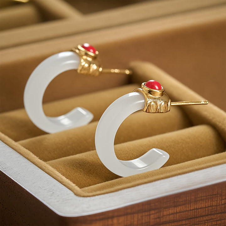 Buddha Stonesラウンドフープデザイン和田翡翠銅メッキゴールドアバンダンスイヤリング - ホワイトジェイド - image 5