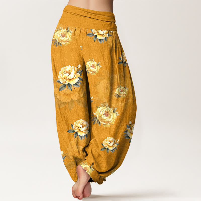 Buddha Stonesコットン 繊細な牡丹柄 レディース 伸縮性ウエスト ハーレムパンツ - image 1