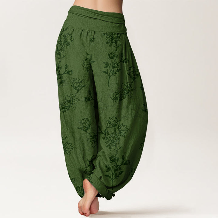 Buddha Stonesコットンシンプルフラワーバッド柄レディース伸縮性ウエストハーレムパンツ - image 1