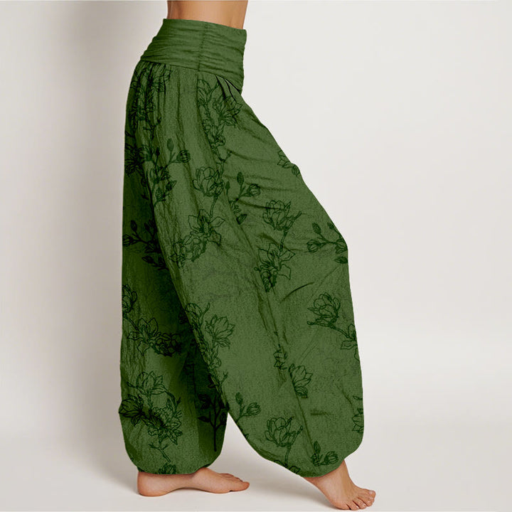 Buddha Stonesコットンシンプルフラワーバッド柄レディース伸縮性ウエストハーレムパンツ - image 2
