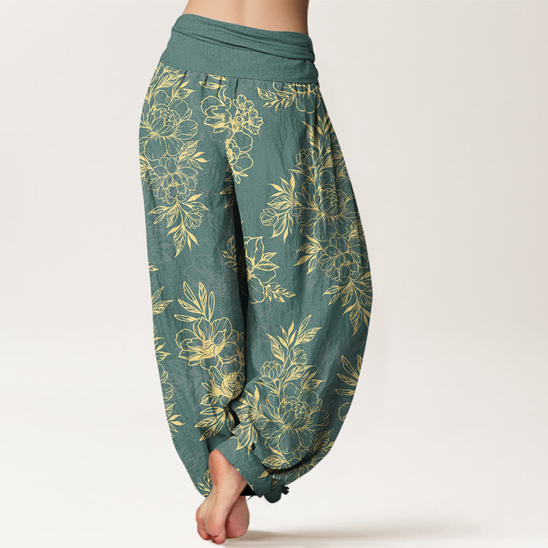 Buddha Stonesコットン 複雑な花と葉の模様 レディース 伸縮性ウエスト ハーレムパンツ - image 1