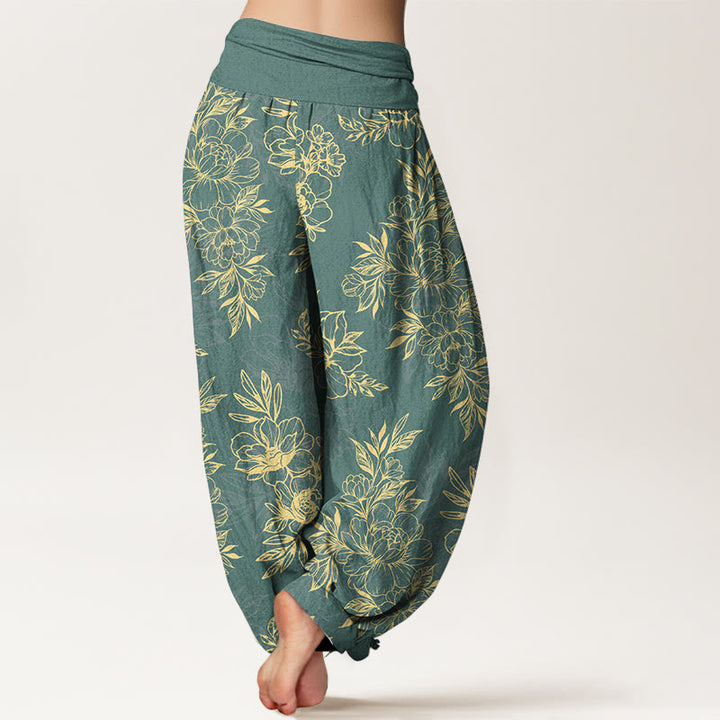 Buddha Stonesコットン 複雑な花と葉の模様 レディース 伸縮性ウエスト ハーレムパンツ - image 1