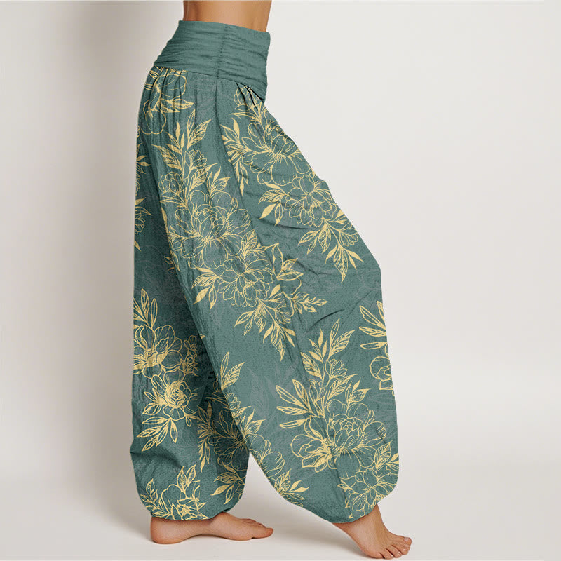 Buddha Stonesコットン 複雑な花と葉の模様 レディース 伸縮性ウエスト ハーレムパンツ - image 2