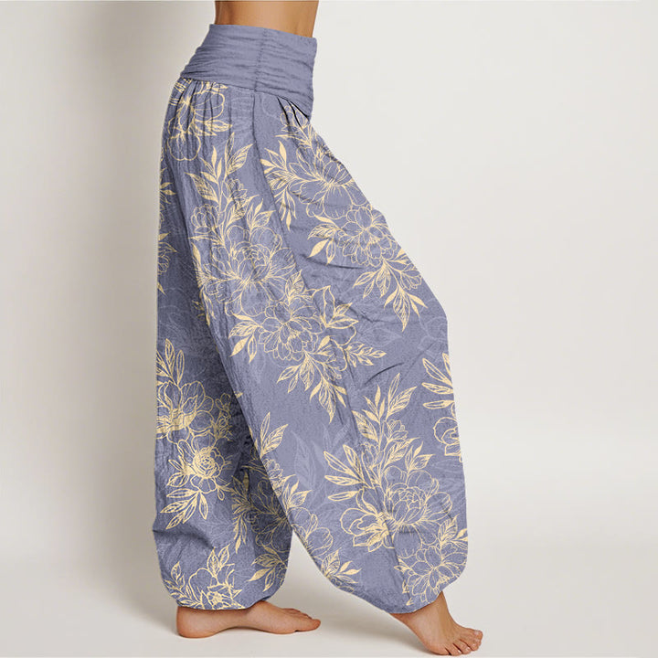 Buddha Stonesコットン 複雑な花と葉の模様 レディース 伸縮性ウエスト ハーレムパンツ - image 7