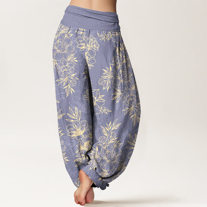 Buddha Stonesコットン 複雑な花と葉の模様 レディース 伸縮性ウエスト ハーレムパンツ - image 6