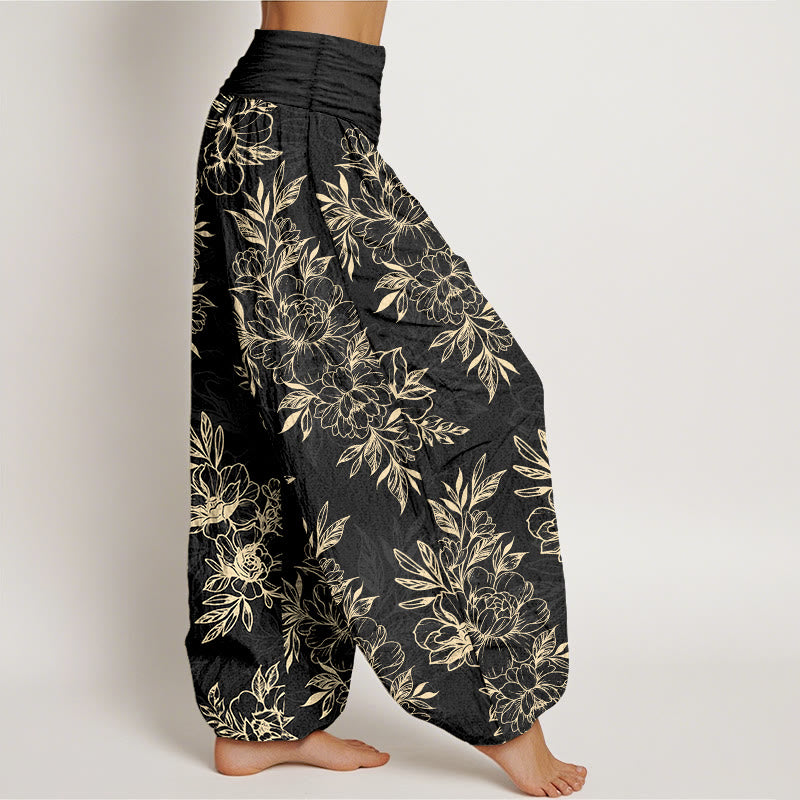 Buddha Stonesコットン 複雑な花と葉の模様 レディース 伸縮性ウエスト ハーレムパンツ - image 10