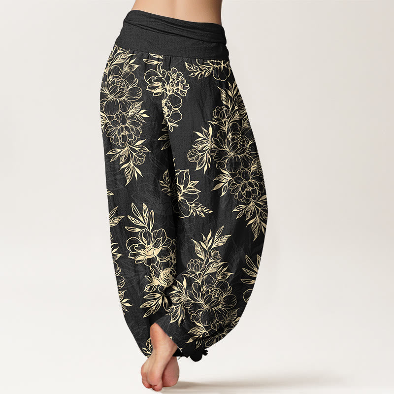Buddha Stonesコットン 複雑な花と葉の模様 レディース 伸縮性ウエスト ハーレムパンツ - image 9