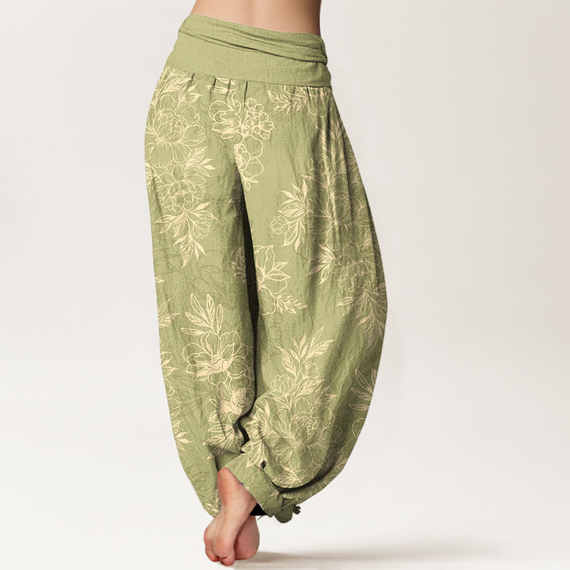Buddha Stonesコットン 複雑な花と葉の模様 レディース 伸縮性ウエスト ハーレムパンツ - image 12