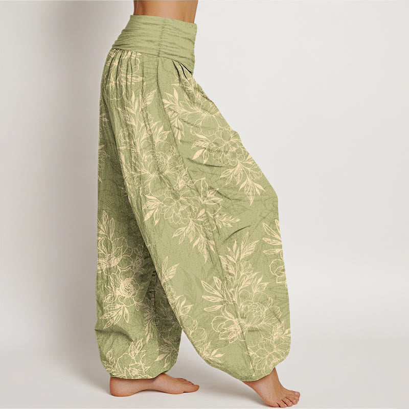 Buddha Stonesコットン 複雑な花と葉の模様 レディース 伸縮性ウエスト ハーレムパンツ - image 13