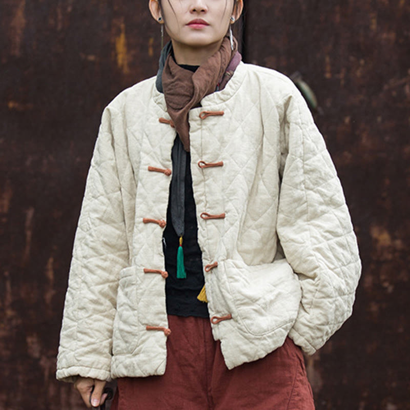 Buddha Stones冬用 カエルボタンライン オープンフロント コットン 長袖 レディース サーマルジャケット ポケット付き - image 1