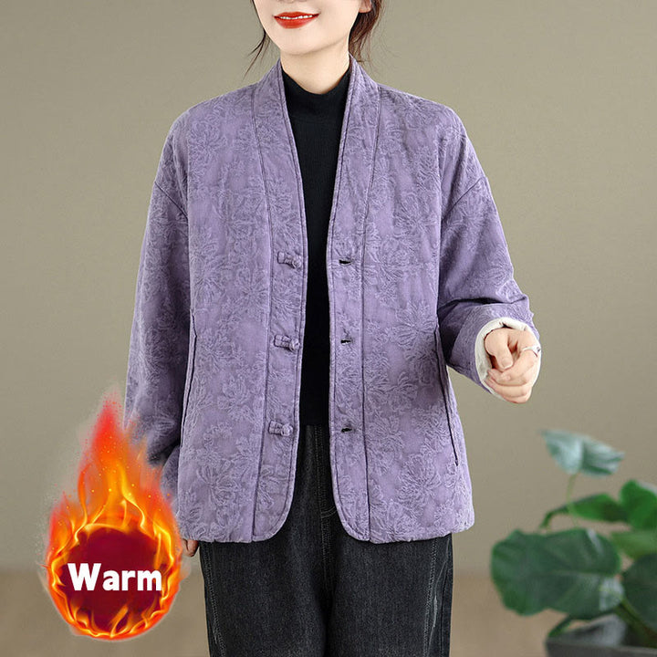 Buddha Stones冬用 Vネック ジャカード フロッグボタン コットン 長袖 レディース サーマルジャケット ポケット付き - 梅 - US12、 UK/AU16、 EU44 (2XL) - image 19