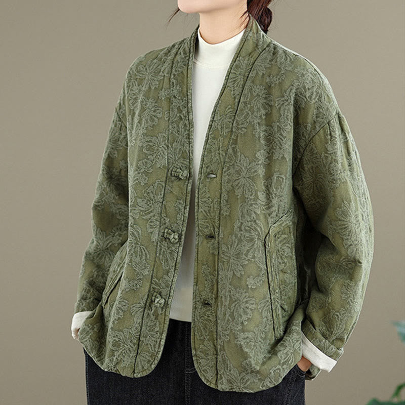 Buddha Stones冬用 Vネック ジャカード フロッグボタン コットン 長袖 レディース サーマルジャケット ポケット付き - image 4