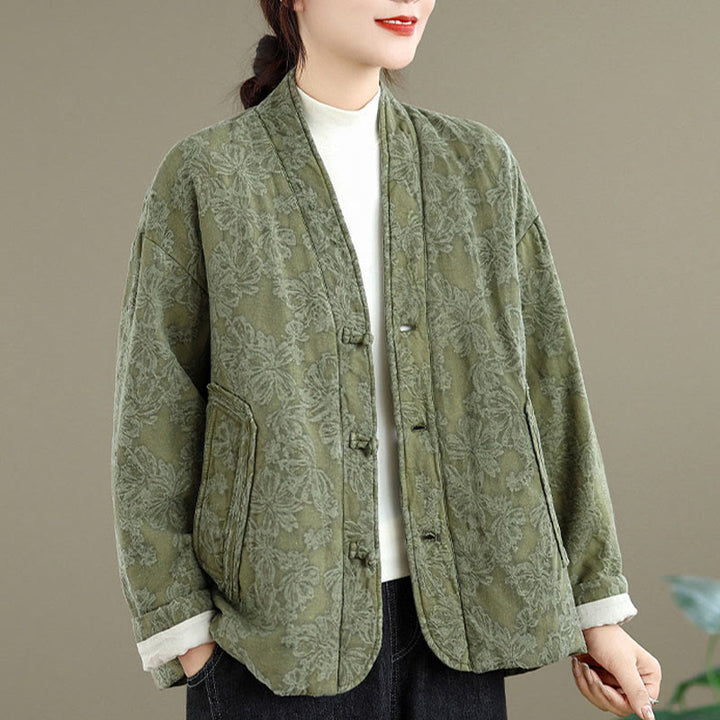 Buddha Stones冬用 Vネック ジャカード フロッグボタン コットン 長袖 レディース サーマルジャケット ポケット付き - image 1