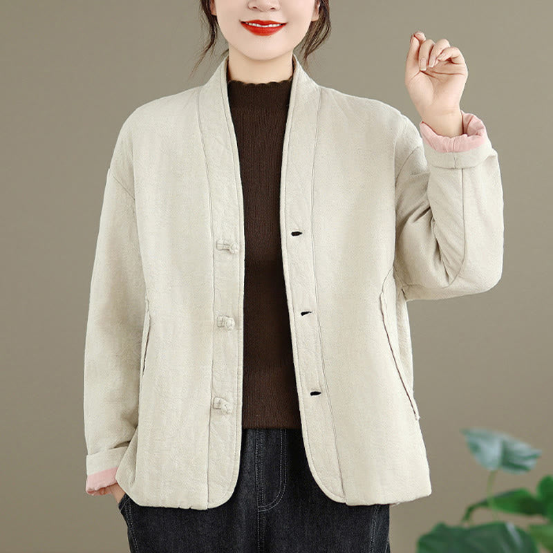 Buddha Stones冬用 Vネック ジャカード フロッグボタン コットン 長袖 レディース サーマルジャケット ポケット付き - image 15