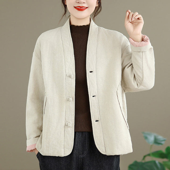 Buddha Stones冬用 Vネック ジャカード フロッグボタン コットン 長袖 レディース サーマルジャケット ポケット付き - image 15
