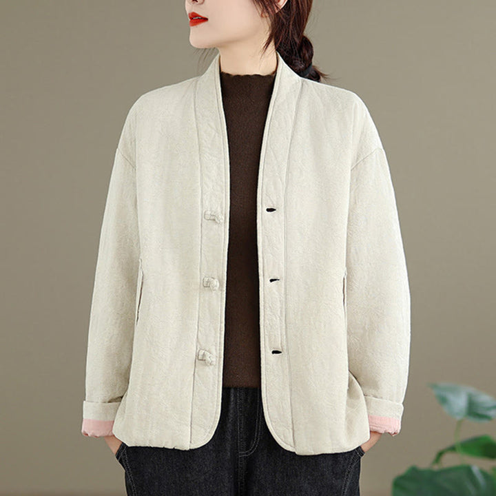 Buddha Stones冬用 Vネック ジャカード フロッグボタン コットン 長袖 レディース サーマルジャケット ポケット付き - image 16