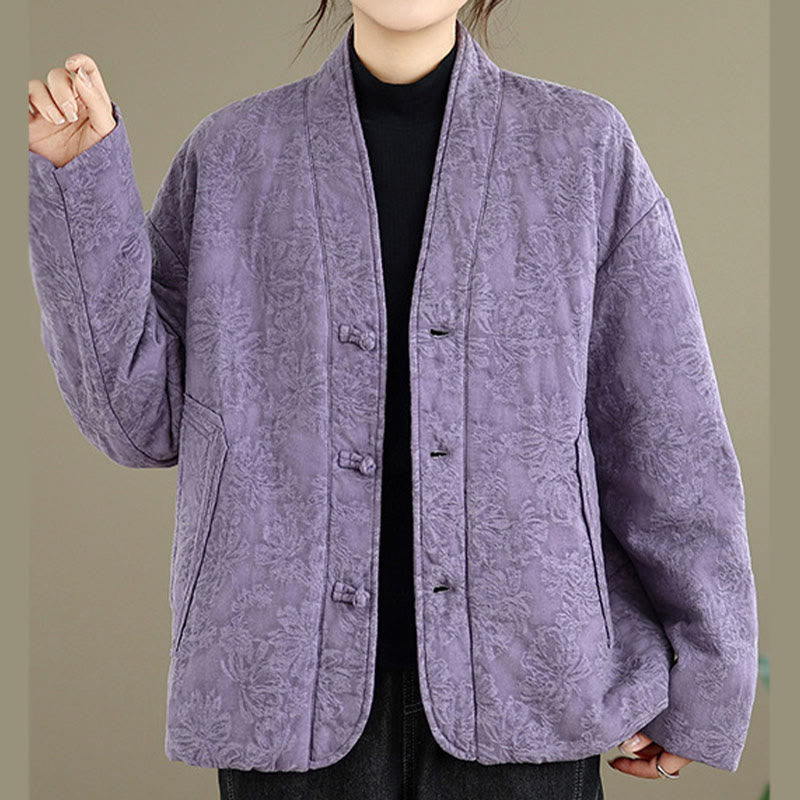 Buddha Stones冬用 Vネック ジャカード フロッグボタン コットン 長袖 レディース サーマルジャケット ポケット付き - image 20