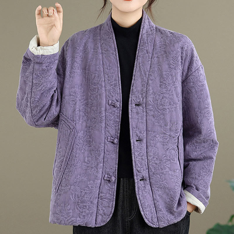 Buddha Stones冬用 Vネック ジャカード フロッグボタン コットン 長袖 レディース サーマルジャケット ポケット付き - image 23