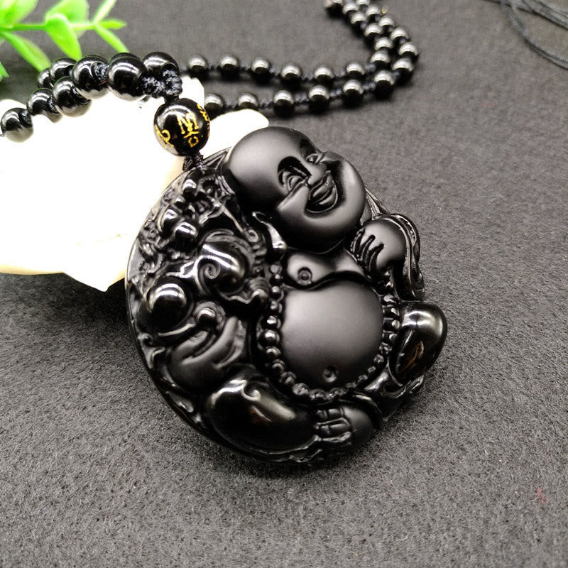 Buddha Stones笑う仏陀の模様 黒曜石ガラス 成就のネックレスペンダント - image 3