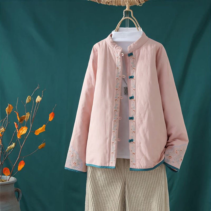 Buddha Stones冬用 カエルボタン刺繍 花 つる オープンフロント コットン 長袖 レディース サーマルジャケット - ミスティローズ - US8-10，UK/AU12-14，EU40-42 (2XL) - image 2