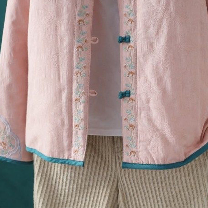 Buddha Stones冬用 カエルボタン刺繍 花 つる オープンフロント コットン 長袖 レディース サーマルジャケット - image 8