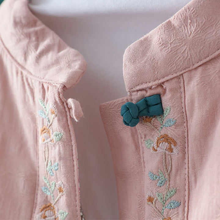 Buddha Stones冬用 カエルボタン刺繍 花 つる オープンフロント コットン 長袖 レディース サーマルジャケット - image 4