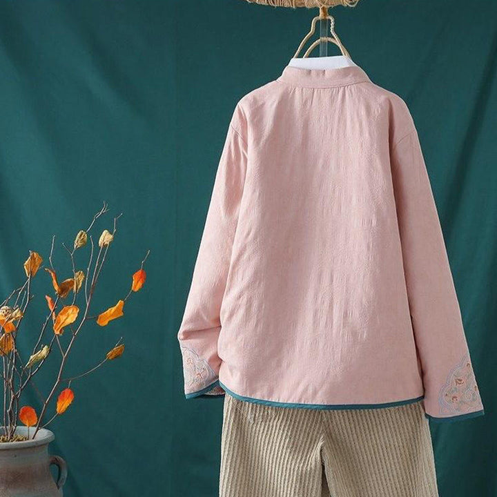 Buddha Stones冬用 カエルボタン刺繍 花 つる オープンフロント コットン 長袖 レディース サーマルジャケット - image 3